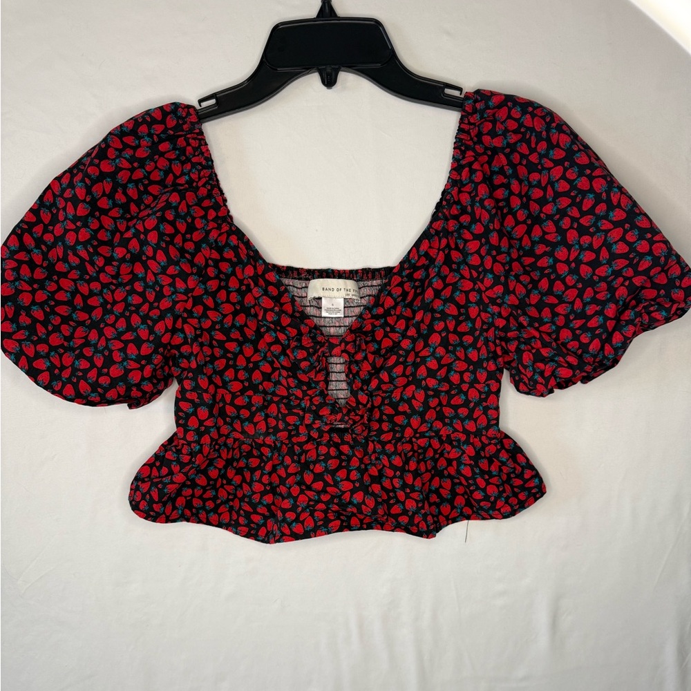 Band of the Free Strawberry Print Puff Sleeve Ruffled Crop Top Cottagecore